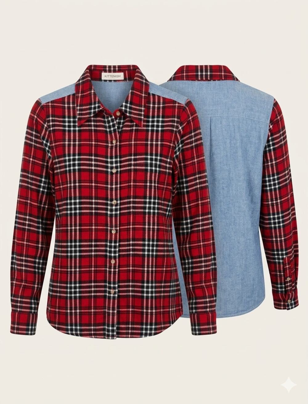 NWT Kittenish Plaid Flannel Denim Back Button Down Shirt Medium